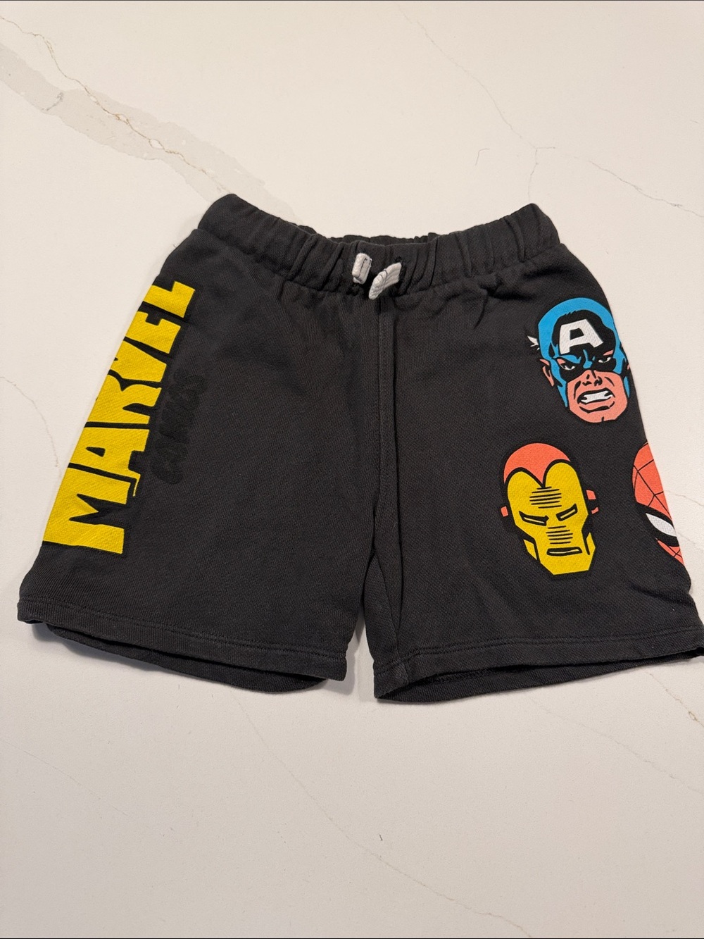 Zara Marvel Black Kids Shorts with Yellow Logo and Superhero Faces